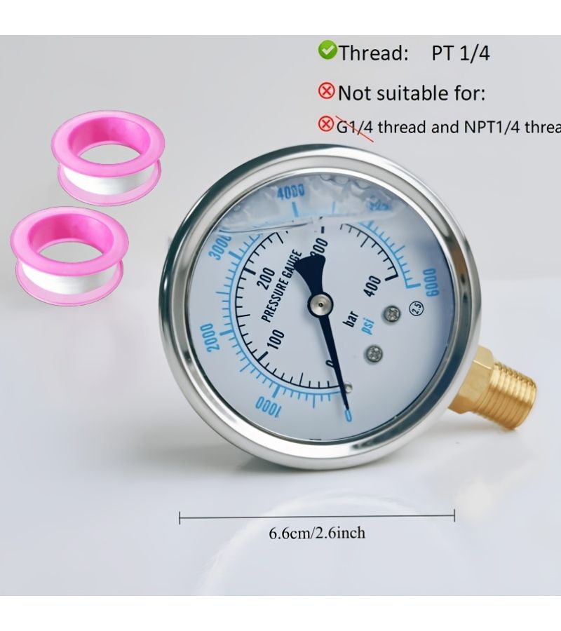 Pressure Gauge Y60 Vibration Resistant Anti Vibration 0 400 Bar 6000 Psi PT1 4 Threaded Connection Filled Metal Housing Includes 2 Rolls Of Ptfe Tape - Image 5