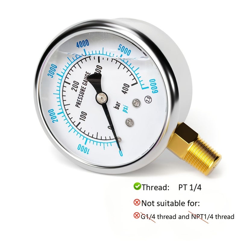 Pressure Gauge Y60 Vibration Resistant Anti Vibration 0 400 Bar 6000 Psi PT1 4 Threaded Connection Filled Metal Housing Includes 2 Rolls Of Ptfe Tape - Image 2