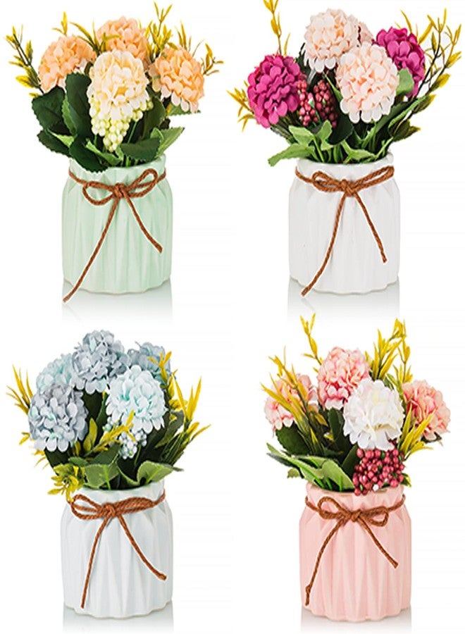 BLOSMON Fake Flowers in Vase for Centerpieces: 4 PCS 5.9 Inch Small Artificial Hydrangea with Vase Table Decor - Faux Floral Arrangements Desk Home Party Bathroom Office Decorations - Image 1