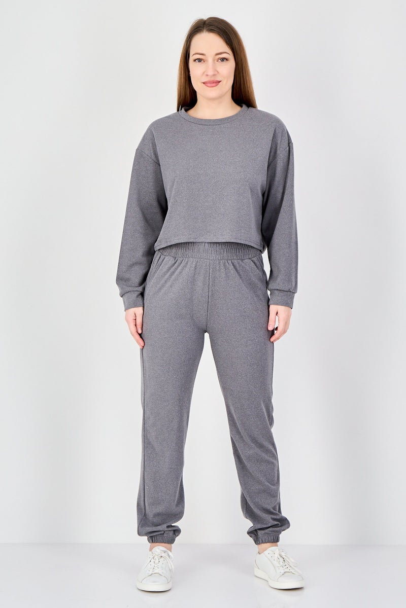 Buzz Women 2 Pieces Round Neck Plain Fleece Sweatshirt And Pants Set, Grey - Image 1