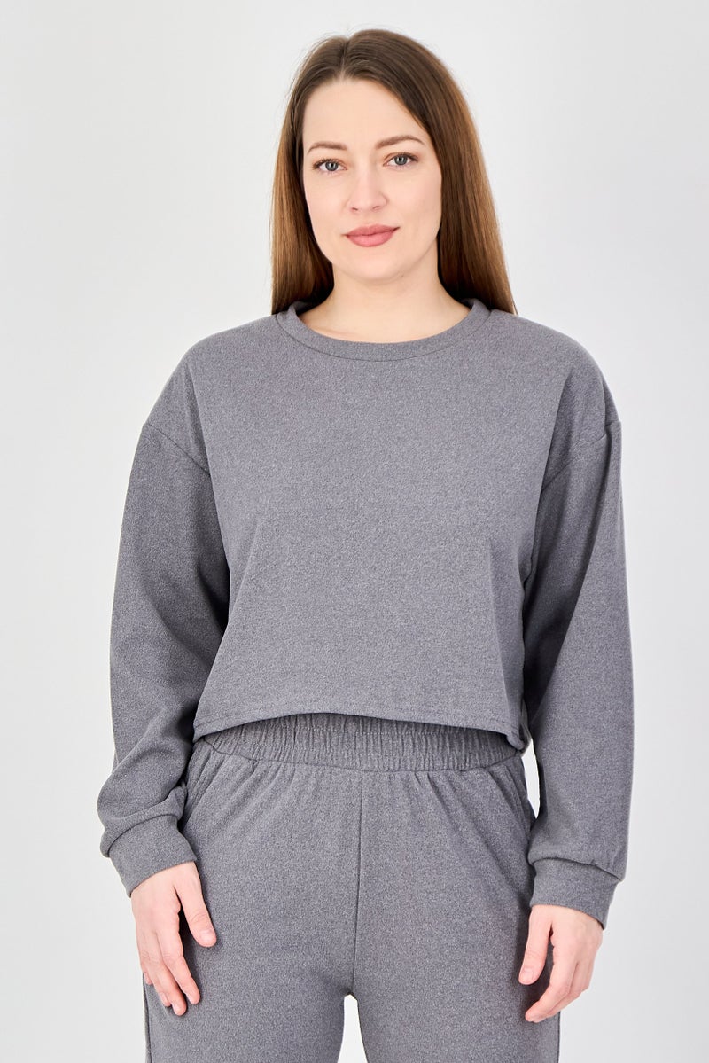 Buzz Women 2 Pieces Round Neck Plain Fleece Sweatshirt And Pants Set, Grey - Image 2