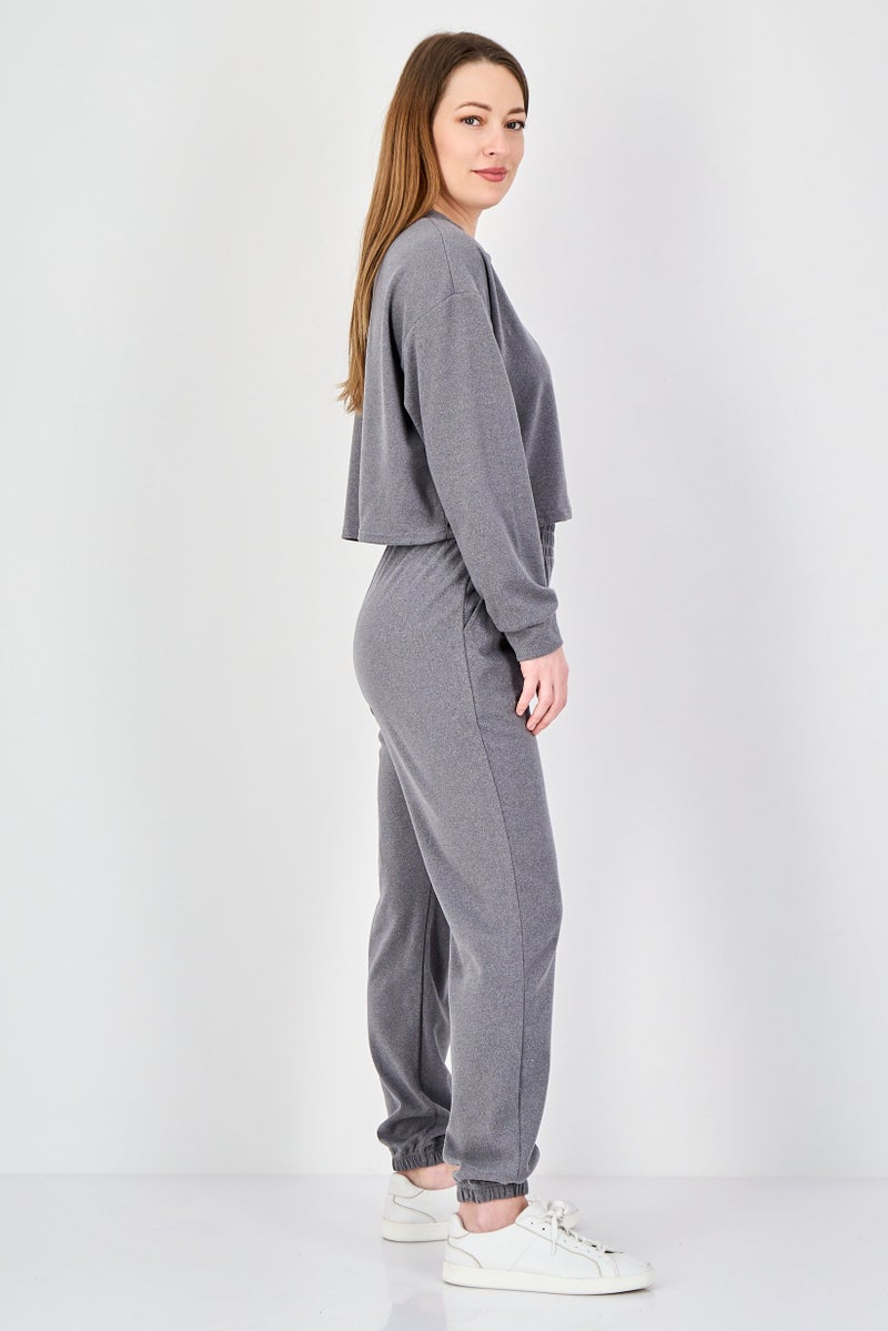 Buzz Women 2 Pieces Round Neck Plain Fleece Sweatshirt And Pants Set, Grey - Image 3