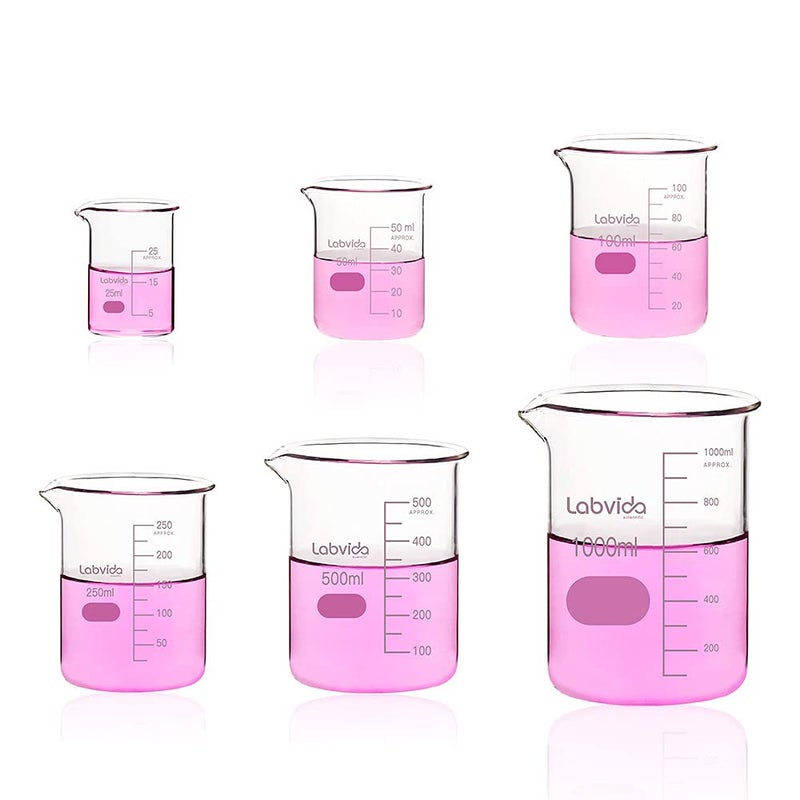 Labvida Upgrated 6 Size Low Form Glass Beaker Set, 25ml 50ml 100ml 250ml 500ml 1000ml, 3.3 Boro Glass beakers with Printed Graduation, LVA019 - Image 1
