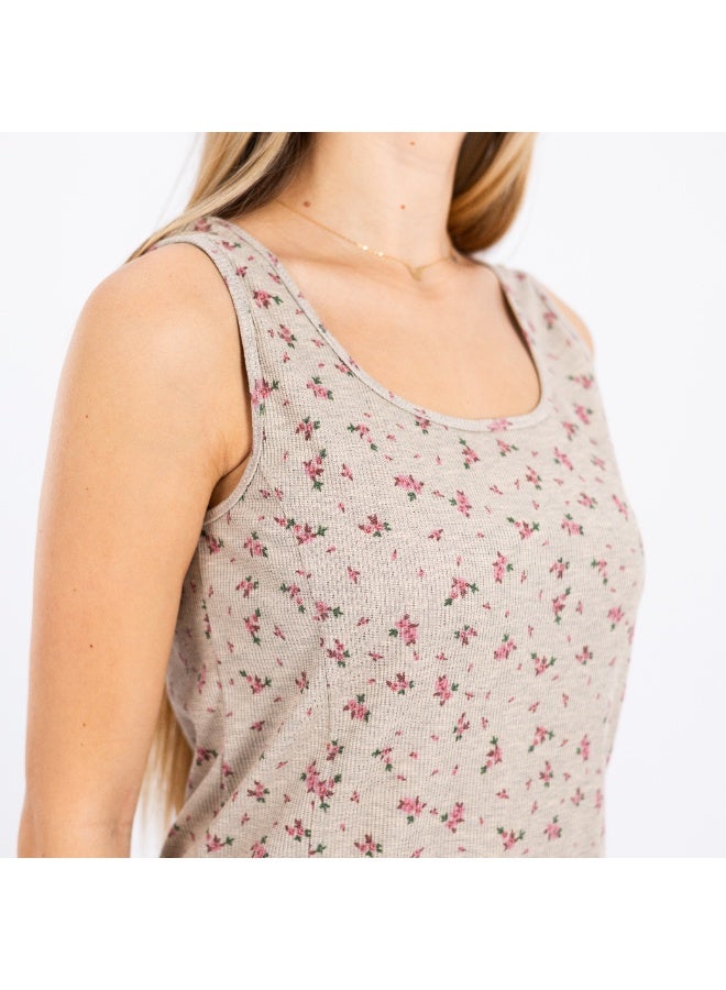 zecotex  Women's Ribbed Cotton Mini Home Dress - Sleeveless Floral Print Loungewear - Beige. - Image 2