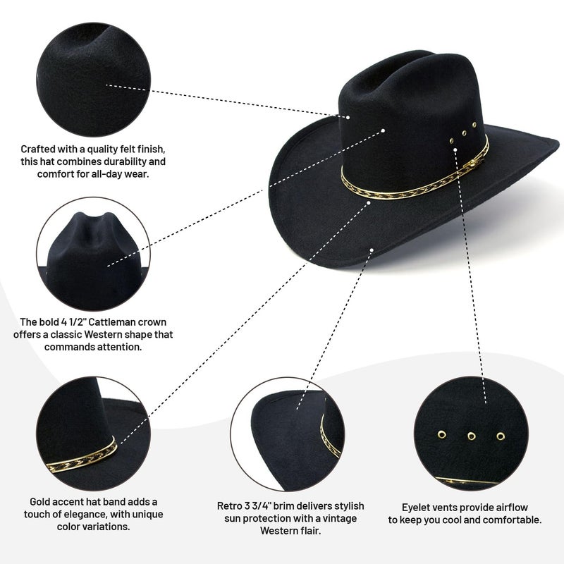 Western Express Felt Finish Cowboy Hat - Cattleman Style with Gold Hat Band | Cowboy & Cowgirl Hats for Men and Women - Image 3