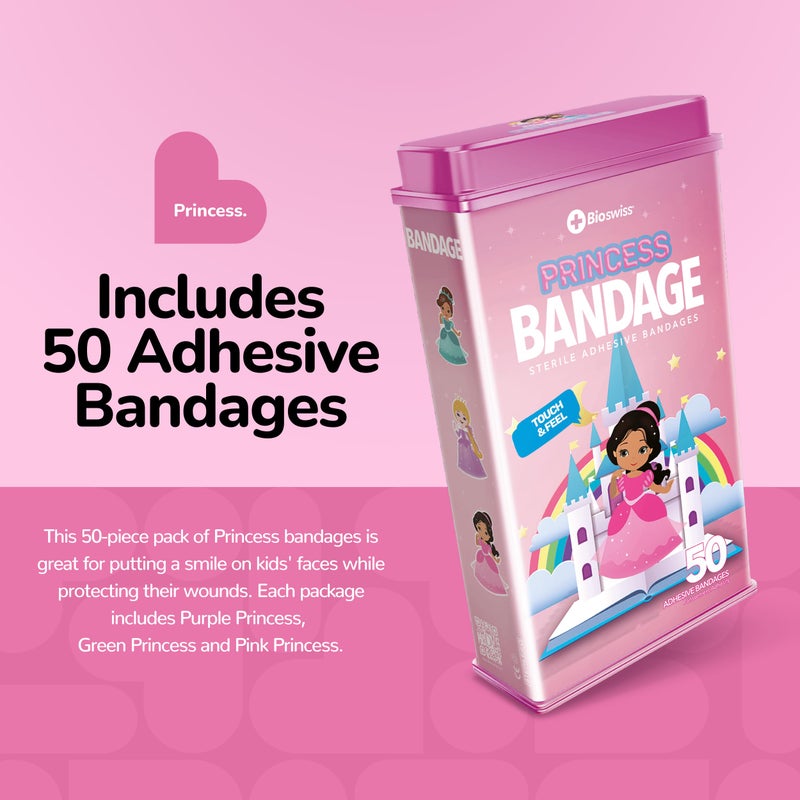 BioSwiss Kids Bandages, Princess Shaped Self Adhesive Bandage Set, Latex Free, Sterile Wound Care, 50 Count - Image 2