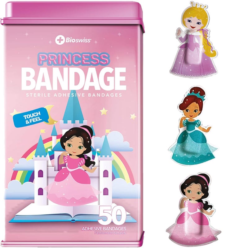 BioSwiss Kids Bandages, Princess Shaped Self Adhesive Bandage Set, Latex Free, Sterile Wound Care, 50 Count - Image 1
