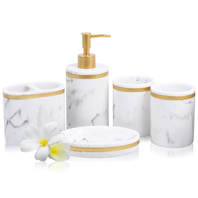 5Piece Bathroom Counter Top Accessory Set  Dispenser for Liquid Soap or Lotion Soap Dish 2 Tumblers and Toothbrush Holder Marble Pattern Resin Classic White