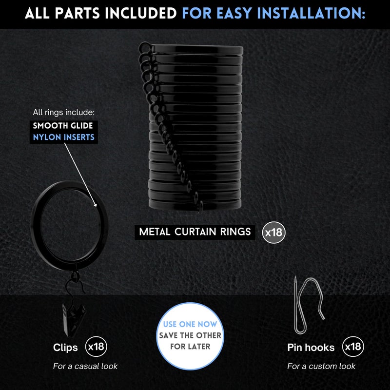 Blasthome Luxury Curtain Rings - Premium Metal With Quiet  Smooth Nylon Inserts - Pinhooks And Clips Included - 1 1/2"" Inside Diameter - 18 Rings For Two Standard Curtains - Tuxedo Black - Image 4