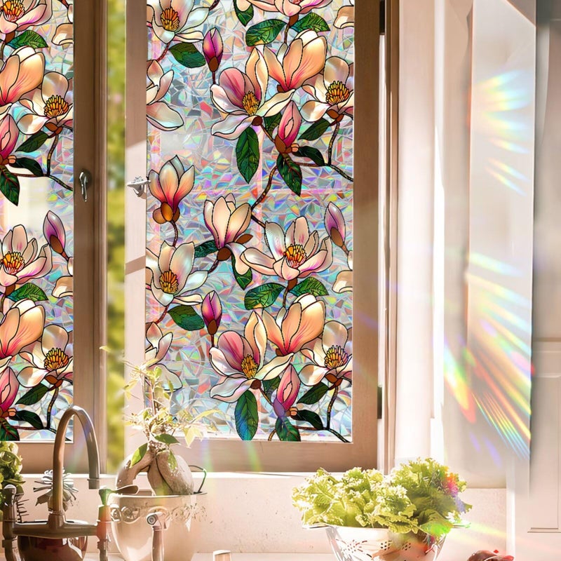 Aomkmi Floral Stained Glass Window Film, Static Cling Rainbow Privacy Film Sun Blocking, Removable Window Films for Bathroom Bedroom Living Room Sunroof, 17 x 78.74 Inch - Image 1