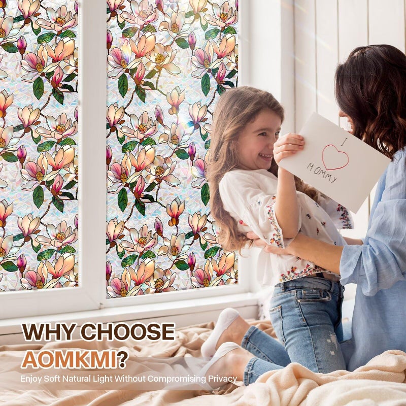 Aomkmi Floral Stained Glass Window Film, Static Cling Rainbow Privacy Film Sun Blocking, Removable Window Films for Bathroom Bedroom Living Room Sunroof, 17 x 78.74 Inch - Image 3