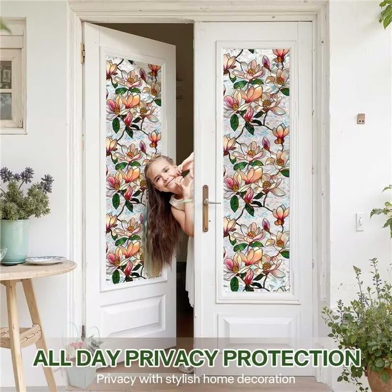 Aomkmi Floral Stained Glass Window Film, Static Cling Rainbow Privacy Film Sun Blocking, Removable Window Films for Bathroom Bedroom Living Room Sunroof, 17 x 78.74 Inch - Image 4