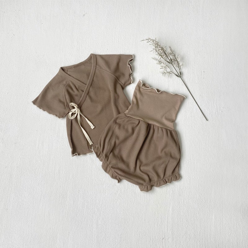 Baby Girl Waffle Knit Ruffle Top  High-Waist Shorts Set Beige hat  - Image 4