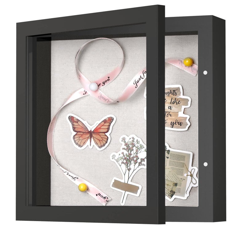 Califortree 8x8 Shadow Box Frame with Linen Back  Sturdy Rustic Memory Display Case of Flower Pictures Medals and More Black 