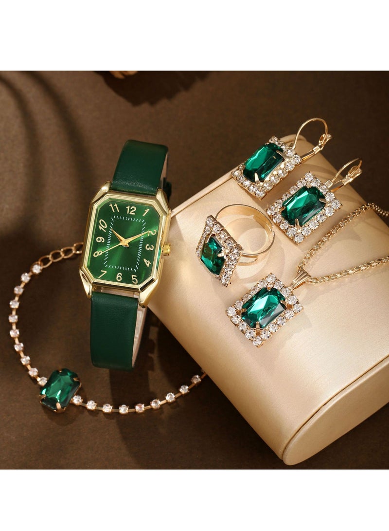 Ladies Watch Fashionable Women Quartz Diamond Wristwatch Classic Simple Watches Business Decoration Bangle Bracelet Necklace Ring Earring Girl Gift Set - Image 1