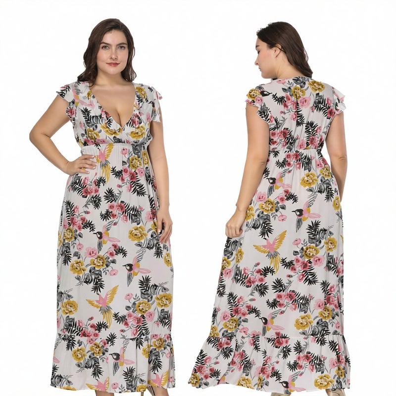 Plus Size Floral Print Maxi Dress Bohemian V-Neck Beach Dress