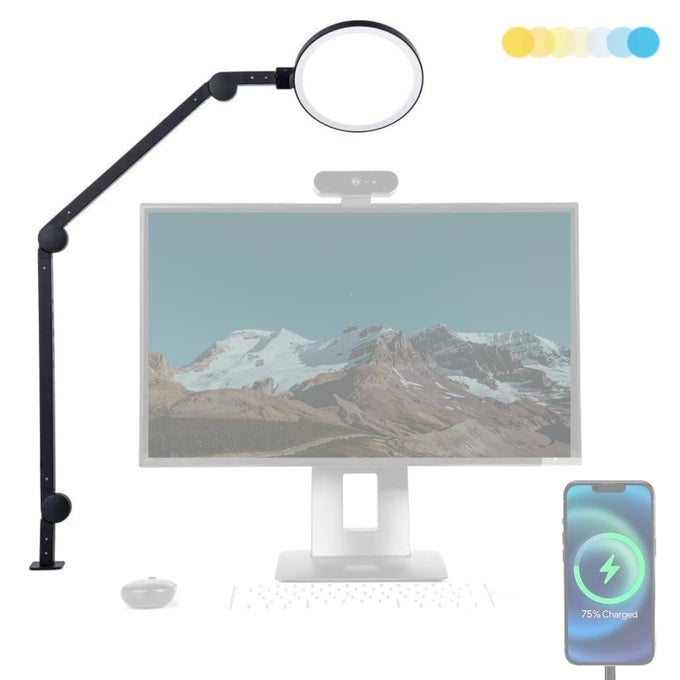 EDGE LIGHT 20 LED BLACK DESK LAMP DIMMABLE HOME OFFICE DESK LIGHT WITH USB CHARGING PORT STRONG SWING ARM ADJUSTABLE COLOR TEMPERATURE AND BRIGHTNESS CIRCLE WEBCAM LIGHT