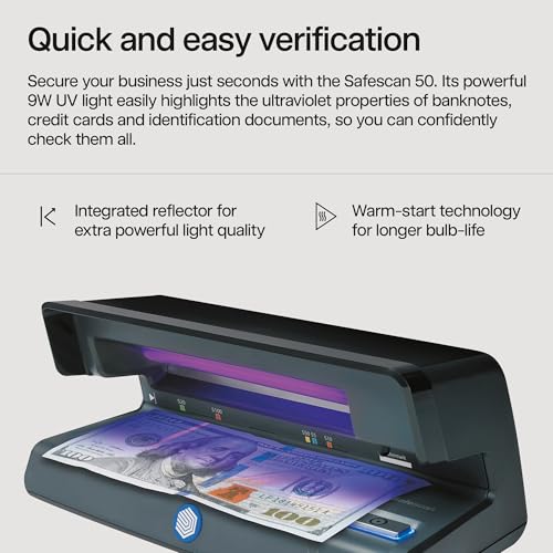 Safescan 50 UV Counterfeit Bill Detector, Small Footprint, Lightweight, Great for Bills, Credit Cards, Passports, IDs, Suitable for All Currencies, Powerful 9W UV Light, CE Certified, 3-Year Warranty - Image 4