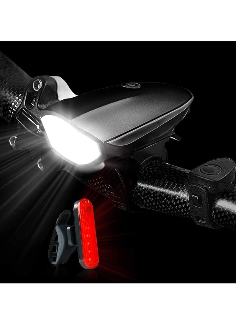 VIUAUAX طقم إضاءة دراجة، إضاءة أمامية وخلفية LED بشعاع قوي، إضاءة أمامية وخلفية، إضاءة USB مع بوق عالٍ، 3 أوضاع إضاءة مقاومة للماء، إضاءة خلفية للدراجة، مصباح أمامي LED قابل لإعادة الشحن.  - Image 1