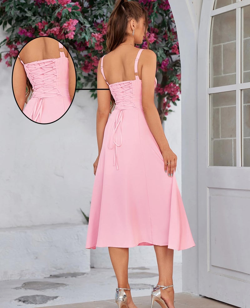 GLNEGE Wedding Guest Dresses for Women Midi Corset Lace Up A Line Dress Solid Flowy Slit Going Out Sundress for Tea Party - Image 4