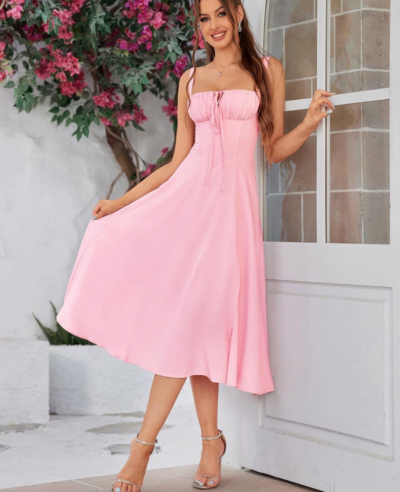 GLNEGE Wedding Guest Dresses for Women Midi Corset Lace Up A Line Dress Solid Flowy Slit Going Out Sundress for Tea Party - Image 3