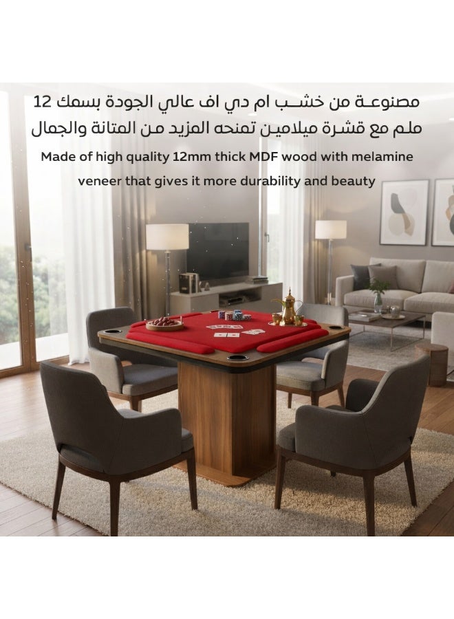 البدر طاولة لعب خشبية كبيرة الحجم من البدر، طاولة بلوت خشبية كبيرة الحجم 95 × 95 مع حوامل اكواب، طاولة بطاقات لعب مؤامرة مع حوامل لليدين، طاولة بقع ارضية ( أحمر ) - Image 4