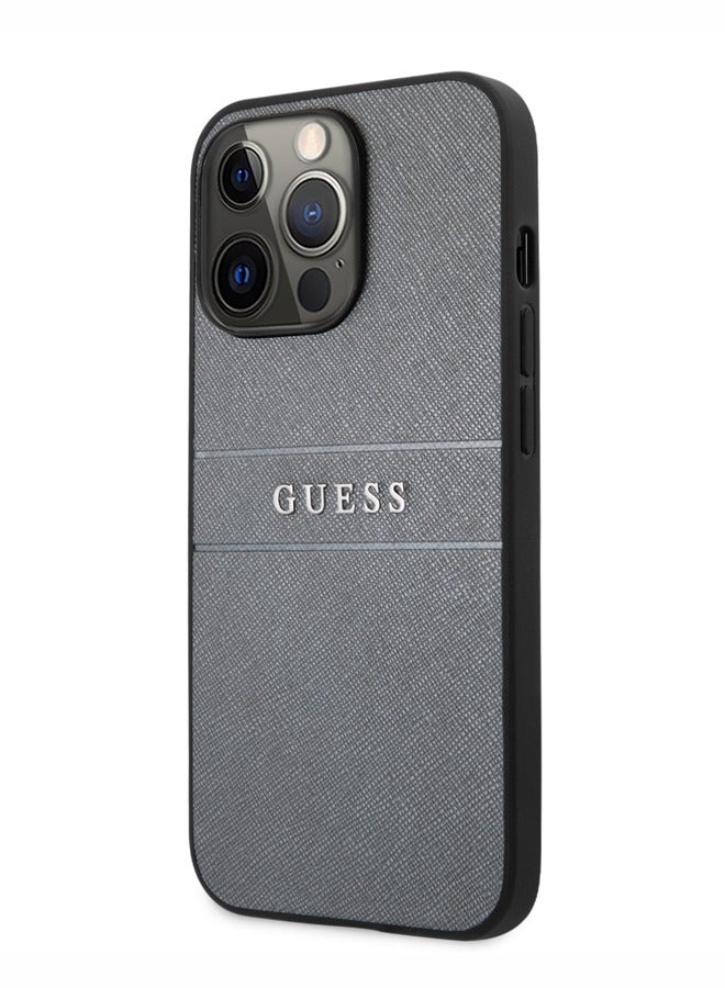 GUESS PU Leather Case Saffiano with Metal Logo Hot Stamp Stripes Compatible for iPhone 13 Pro (6.1") Anti-Scratch, Easy Access to All Ports-Grey - Image 2