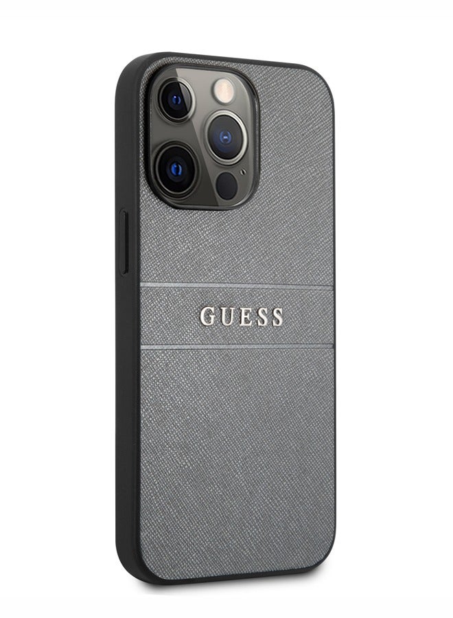 GUESS PU Leather Case Saffiano with Metal Logo Hot Stamp Stripes Compatible for iPhone 13 Pro (6.1") Anti-Scratch, Easy Access to All Ports-Grey - Image 4