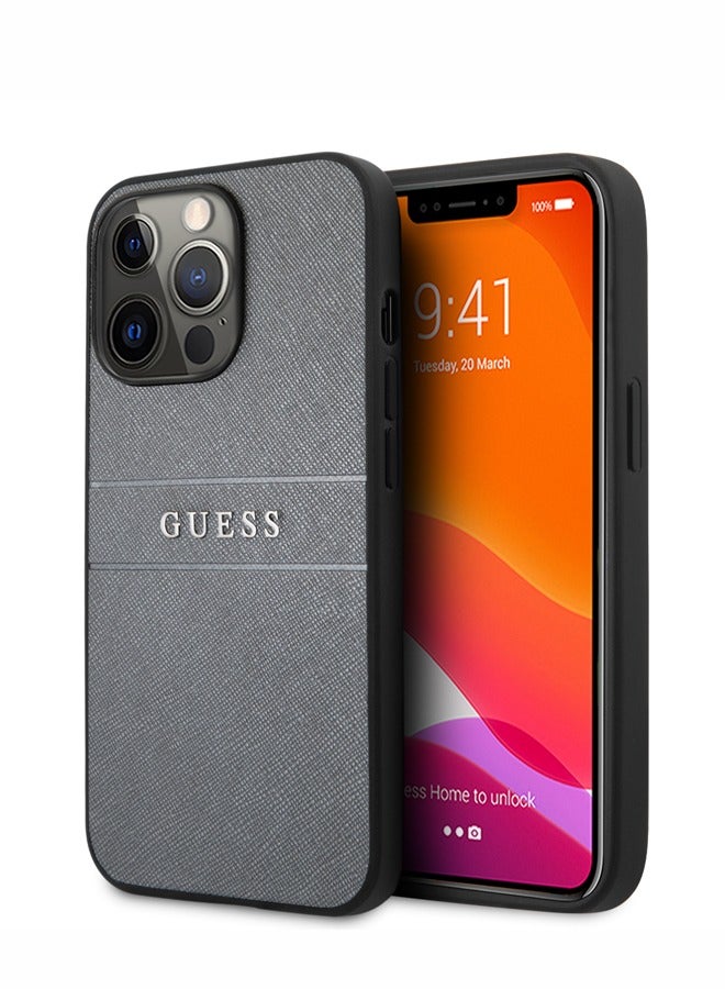 GUESS PU Leather Case Saffiano with Metal Logo Hot Stamp Stripes Compatible for iPhone 13 Pro (6.1") Anti-Scratch, Easy Access to All Ports-Grey - Image 1