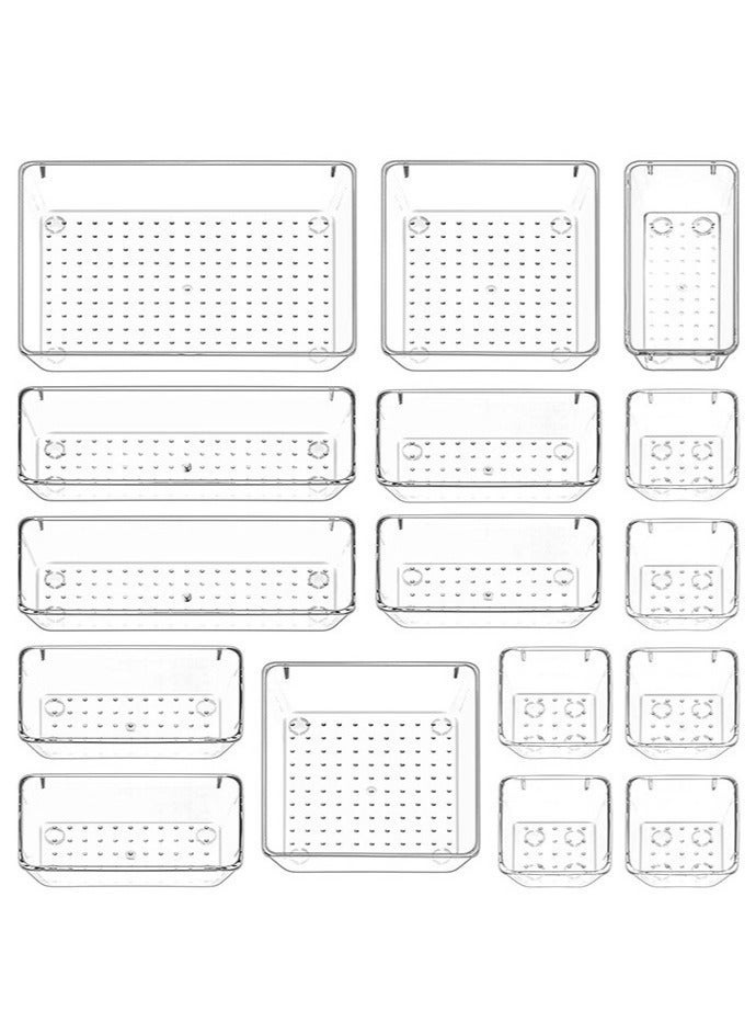 HOMESTAR 16 Pcs Desk Drawer Organizers Trays Set Clear Plastic Storage Bins Bathroom Tray Dividers Vanity Organizer for Bedroom Dresser Makeup Kitchen Utensil Office - Image 1