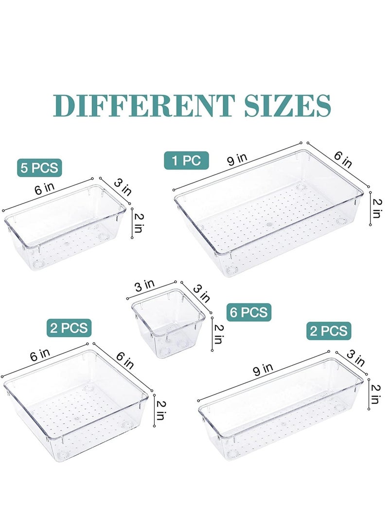 HOMESTAR 16 Pcs Desk Drawer Organizers Trays Set Clear Plastic Storage Bins Bathroom Tray Dividers Vanity Organizer for Bedroom Dresser Makeup Kitchen Utensil Office - Image 4