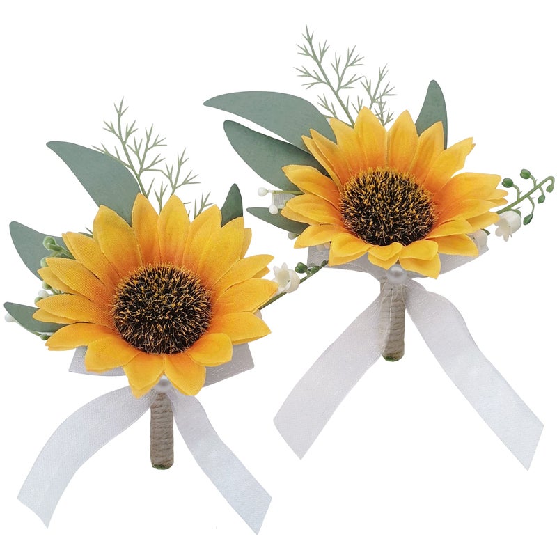 WEIERYUE Artificial Sunflower BoutonniereBride Groom Bridesmaid Wedding Flower Corsage SetFormal Party and Vintage Wedding 2pcs Sunflower Boutonniere