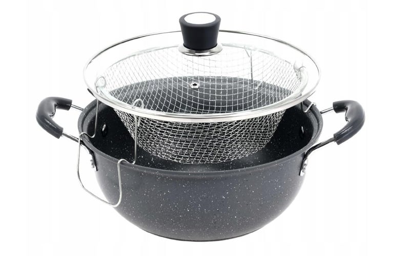 VBM Non Stick Fry Stir Fry Pan with Lid Steamer Fryer Pot Pans with Lid Frying Basket and Steam Rack Nonstick Wok Pan Black Stir Fry Pan 24 cm - Image 2
