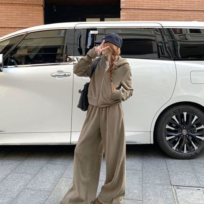 [Self-set Factory in stock Now] Niche Hooded Sweatshirt Jacket Pants Wide Leg Pants Dark coffee [suit]