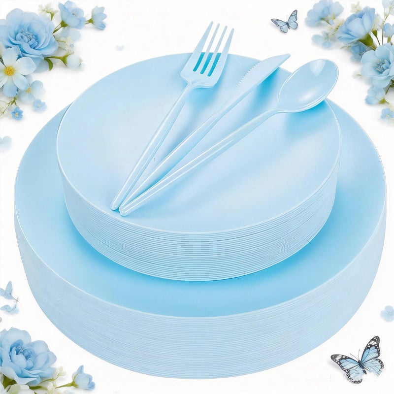 ejonirinjonir EI 150pcs Blue Plastic Plates Disposable Light Blue Baby Shower Plates Heavy Duty Dinnerware Set Plastic Silverware for Party,Wedding,Easter,Spring Afternoon Tea - Image 1