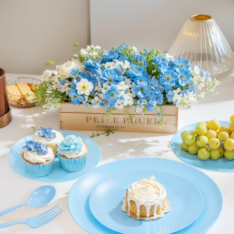 ejonirinjonir EI 150pcs Blue Plastic Plates Disposable Light Blue Baby Shower Plates Heavy Duty Dinnerware Set Plastic Silverware for Party,Wedding,Easter,Spring Afternoon Tea - Image 5