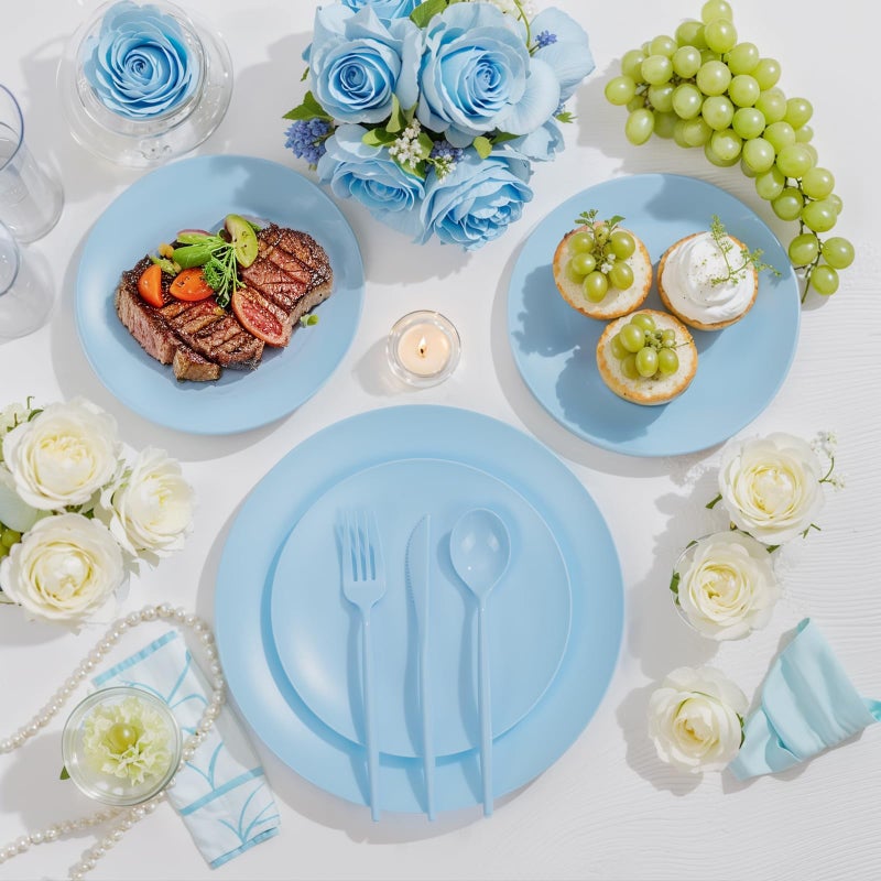 ejonirinjonir EI 150pcs Blue Plastic Plates Disposable Light Blue Baby Shower Plates Heavy Duty Dinnerware Set Plastic Silverware for Party,Wedding,Easter,Spring Afternoon Tea - Image 4