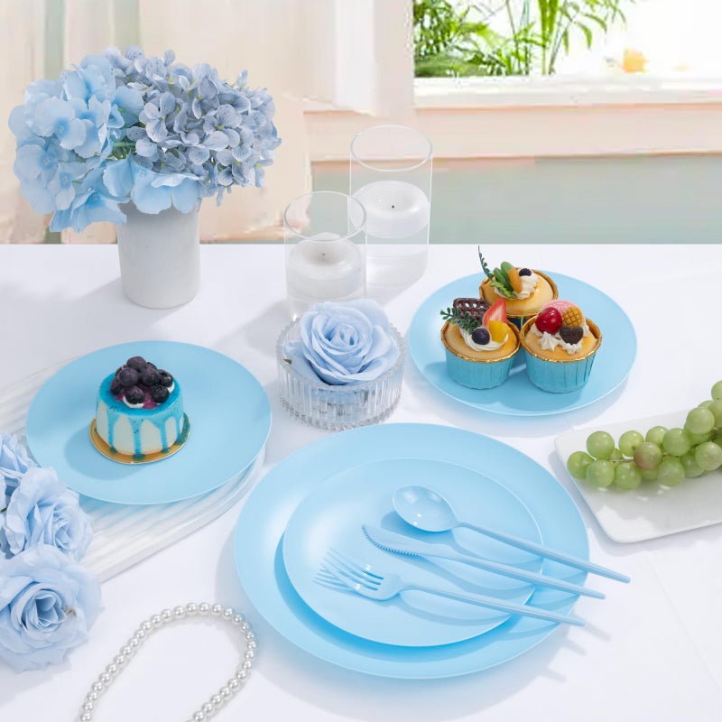 ejonirinjonir EI 150pcs Blue Plastic Plates Disposable Light Blue Baby Shower Plates Heavy Duty Dinnerware Set Plastic Silverware for Party,Wedding,Easter,Spring Afternoon Tea - Image 2