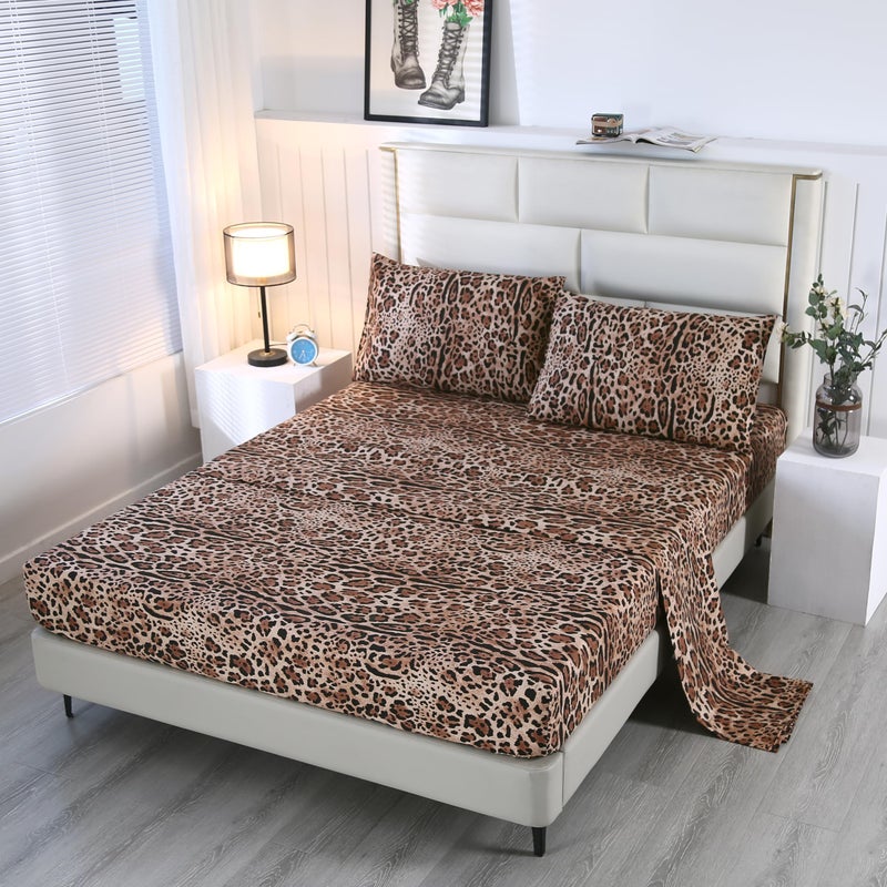 SDY 4PCS Leopard Bedding Sheets Queen Size Leopard Print Sheet Set Included 1 Fitted Sheet with 14'' Deep Pocket + 1 Top Flat Sheet + 2 Pillowcases for Kids Boys Girls (Leopard Queen) - Image 1