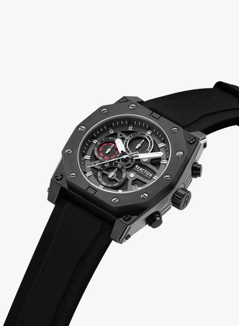 Kenneth Cole Reaction Black Dial Black Silicone Strap Chronograph Watch for Men, 52.4mm