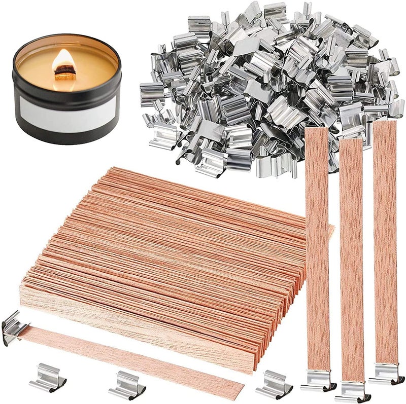 100 pcs Wooden Candle Wicks for Candle Making6 inch Crackling Wood WicksSmokeless Candle Wick with Metal Base Clip 50 Sets
