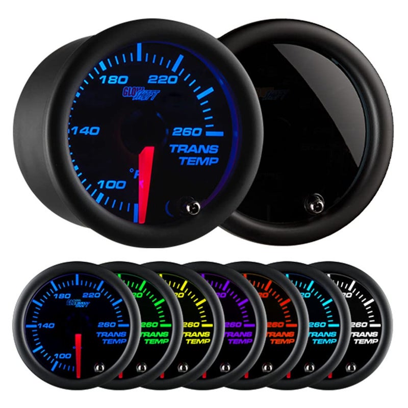 GlowShift Tinted 7 Color 260F Automatic Transmission Temp Gauge Kit Includes 1827 NPT Electronic Sensor Wiring MultiColor Display Black Dial Smoked Lens for Car Truck 2116 52mm