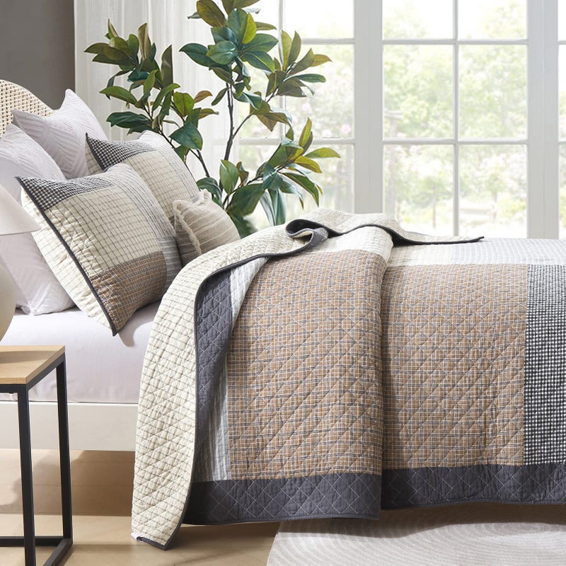 DUOHONG Quilts King Size - King Quilt Bedspread Sets, 100% Cotton Patchwork Quilt Bedding Set for King Bed, 3 Pieces Plaid Farmhouse Reversible Rustic Lightweight Comforter Spread, Brown/Beige/Gray - Image 3