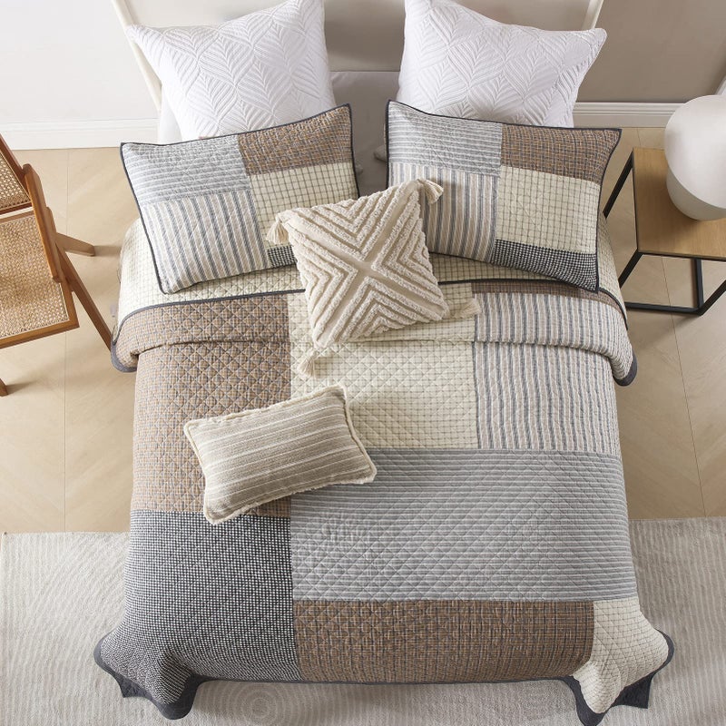 DUOHONG Quilts King Size - King Quilt Bedspread Sets, 100% Cotton Patchwork Quilt Bedding Set for King Bed, 3 Pieces Plaid Farmhouse Reversible Rustic Lightweight Comforter Spread, Brown/Beige/Gray - Image 4