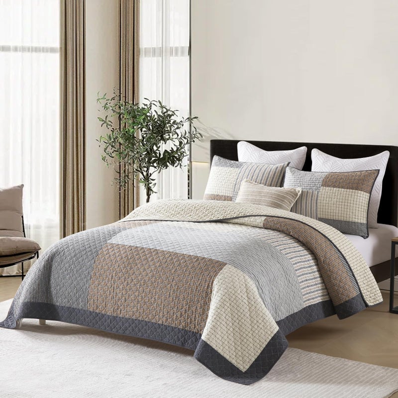 DUOHONG Quilts King Size - King Quilt Bedspread Sets, 100% Cotton Patchwork Quilt Bedding Set for King Bed, 3 Pieces Plaid Farmhouse Reversible Rustic Lightweight Comforter Spread, Brown/Beige/Gray - Image 2