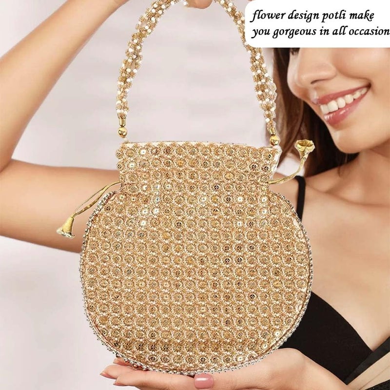 SUMERA WARQ Potli Bag Golden work wedding potli for ladies Gift for women handbags traditional Indian Wristlet with Drawstring Ethnic Embroidery Fashion Potli. - Image 5