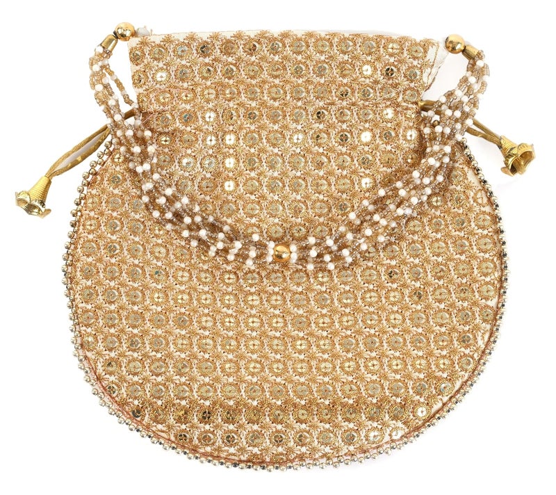 SUMERA WARQ Potli Bag Golden work wedding potli for ladies Gift for women handbags traditional Indian Wristlet with Drawstring Ethnic Embroidery Fashion Potli. - Image 4