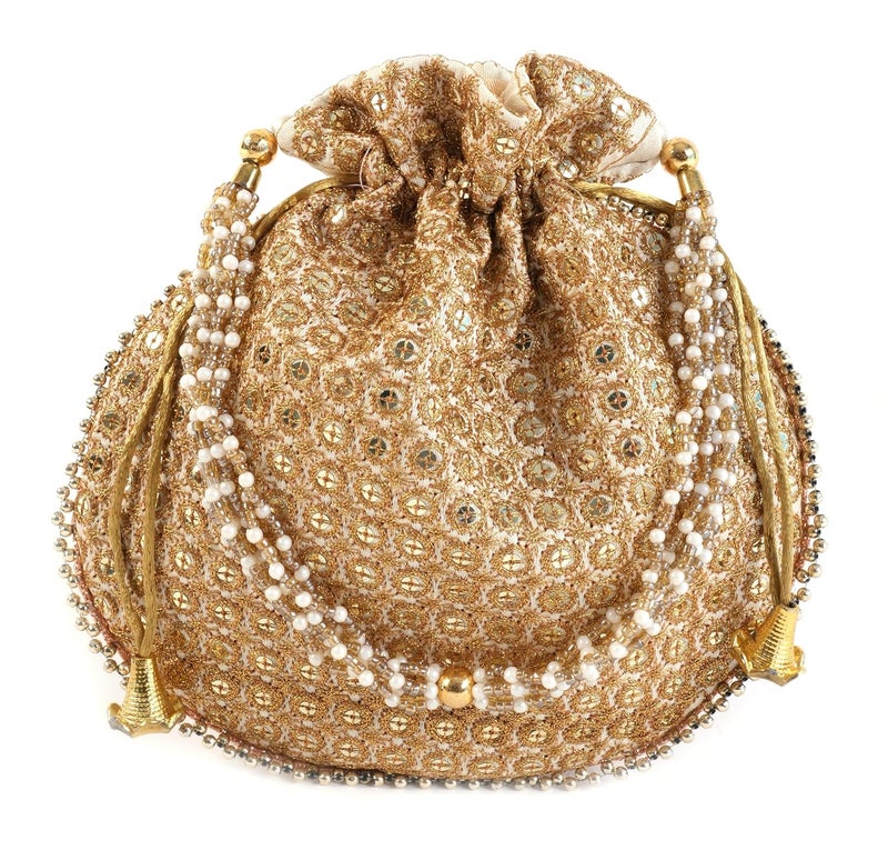 SUMERA WARQ Potli Bag Golden work wedding potli for ladies Gift for women handbags traditional Indian Wristlet with Drawstring Ethnic Embroidery Fashion Potli. - Image 1