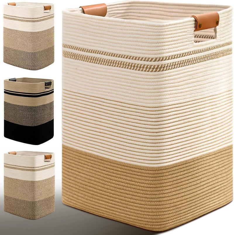 Degeyoyo Laundry Hamper, 95L Tall Laundry Basket with Leather Handles, Rectangle Large Clothes Hamper for Organizing, Cotton Woven Laundry Baskets Storage Hampers for Bedroom, Nursery, Living Room - Image 1