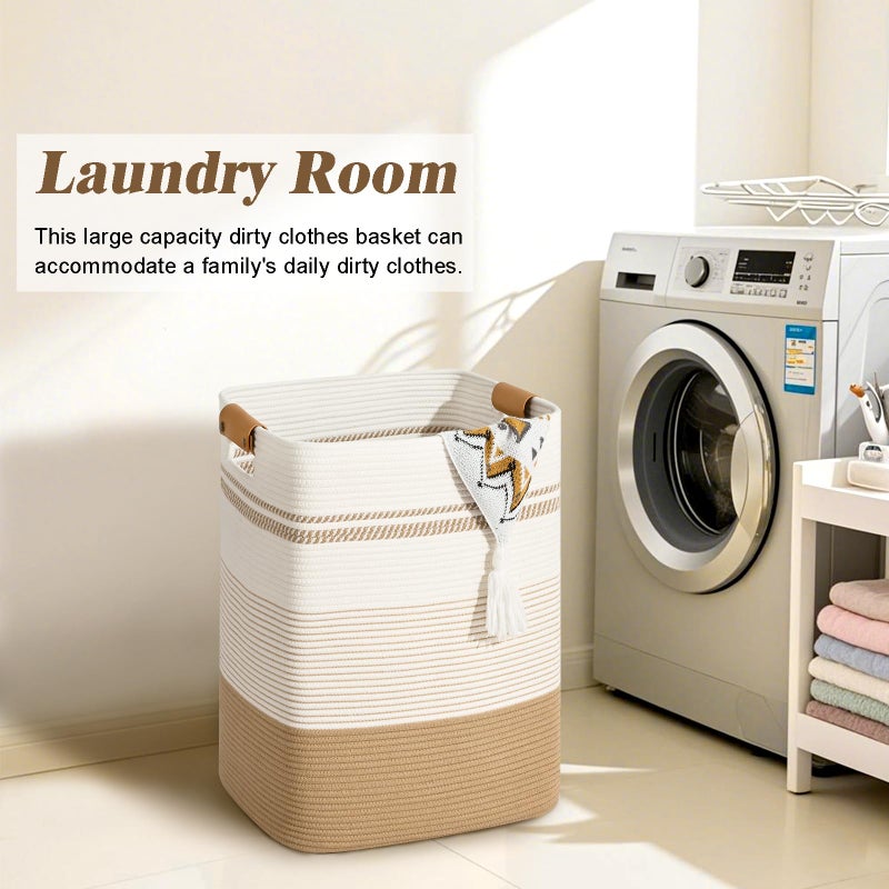 Degeyoyo Laundry Hamper, 95L Tall Laundry Basket with Leather Handles, Rectangle Large Clothes Hamper for Organizing, Cotton Woven Laundry Baskets Storage Hampers for Bedroom, Nursery, Living Room - Image 4